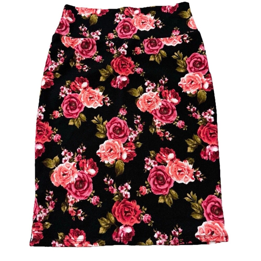 RARE LuLaRoe Vintage Cassie Skirt L Large  Roses Black Red Pink Floral Romantic